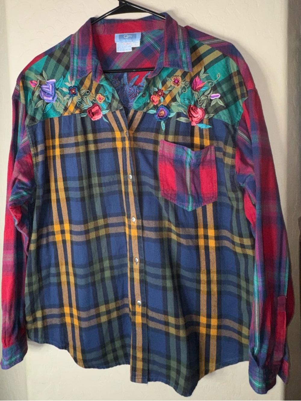 Vintage QPS Plaid Floral Embroidered Button Up Shirt Colorful Cottagecore Boho